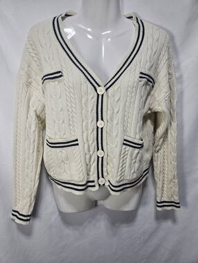 Cider Cable Knit Cardigan XS Cream Preppy Striped Trim Cropped Button Front
